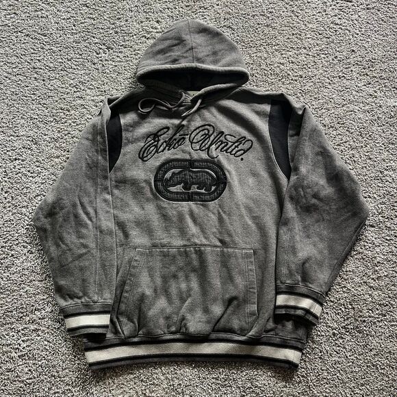 VTG Y2K Ecko Unltd Embroidered Hoodie Sweatshirt Grey Black Mens Size XL - Picture 1 of 6